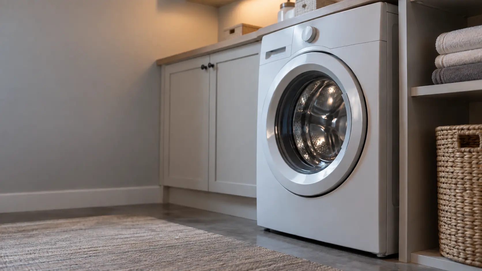 A laundry corner with a front-load washer in a craftsman bungalow basement laundry, seen from a low angle, the washer door catching the light.