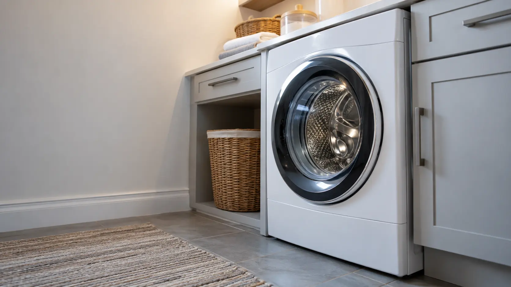 A laundry corner with a front-load washer in a suburban house laundry room off the garage, seen from a low angle, the washer door catching the light.