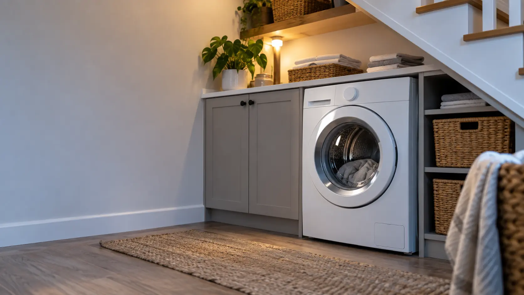 A laundry corner with a front-load washer in a hillside house laundry room under the stairs, seen from a low angle, the washer door catching the light.