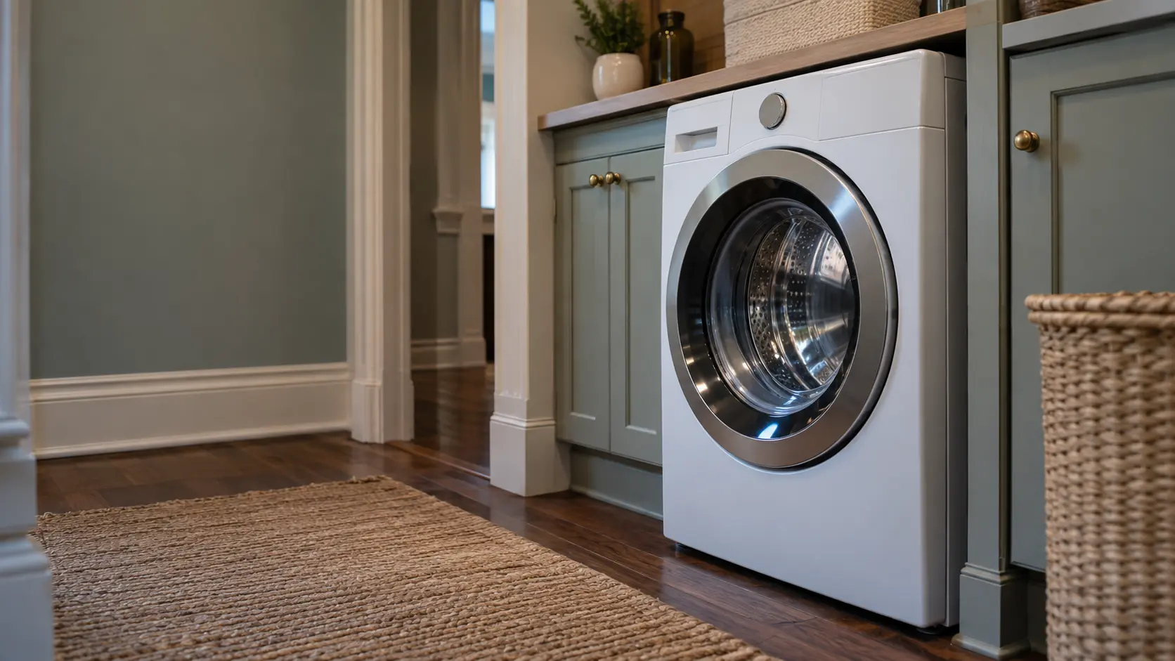 A laundry corner with a front-load washer in a Victorian flat with the washer in a back hall, seen from a low angle, the washer door catching the light.