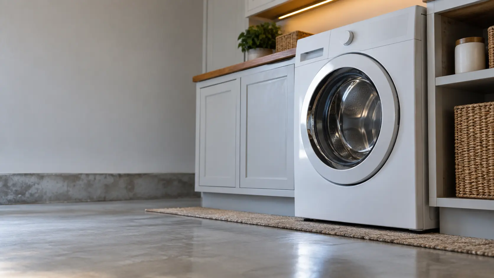 A laundry corner with a front-load washer in a mid-century house laundry in the garage, seen from a low angle, the washer door catching the light.