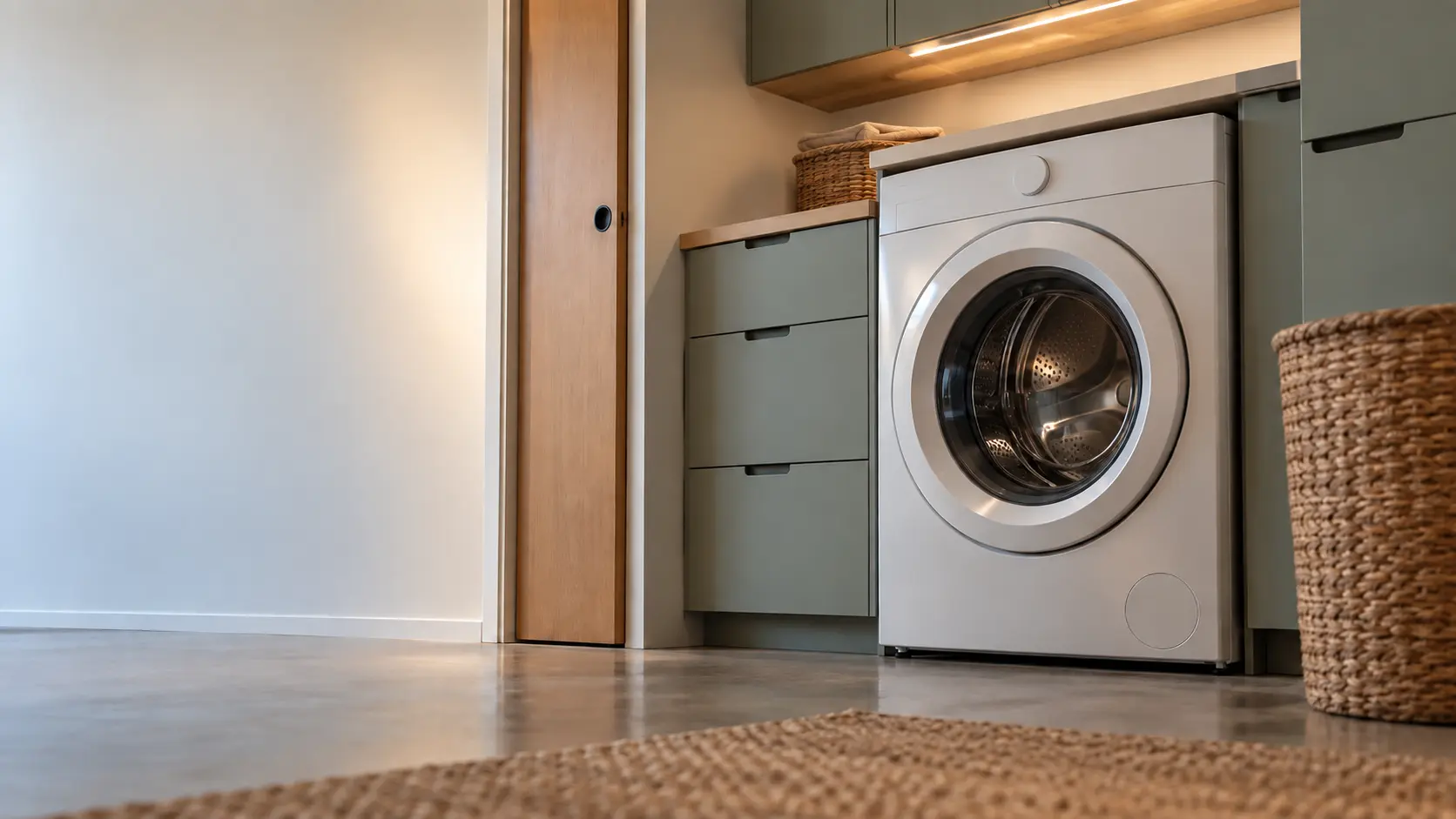A laundry corner with a front-load washer in an Eichler house laundry closet off the carport, seen from a low angle, the washer door catching the light.