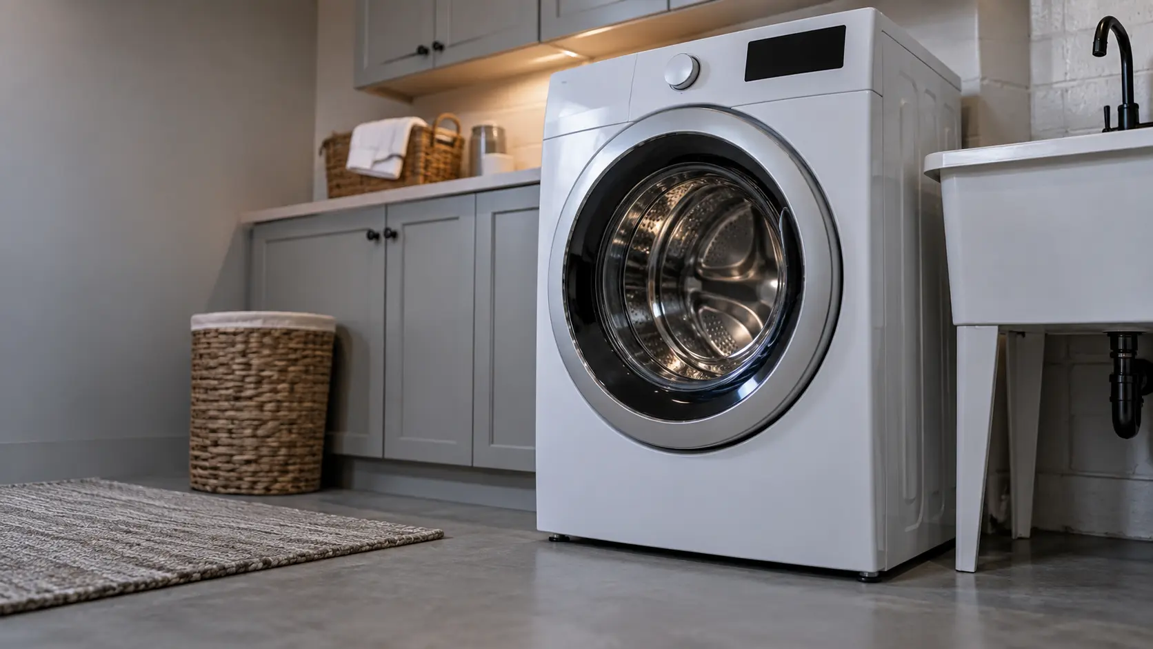 A laundry corner with a front-load washer in a two-flat basement laundry with a laundry tub, seen from a low angle, the washer door catching the light.