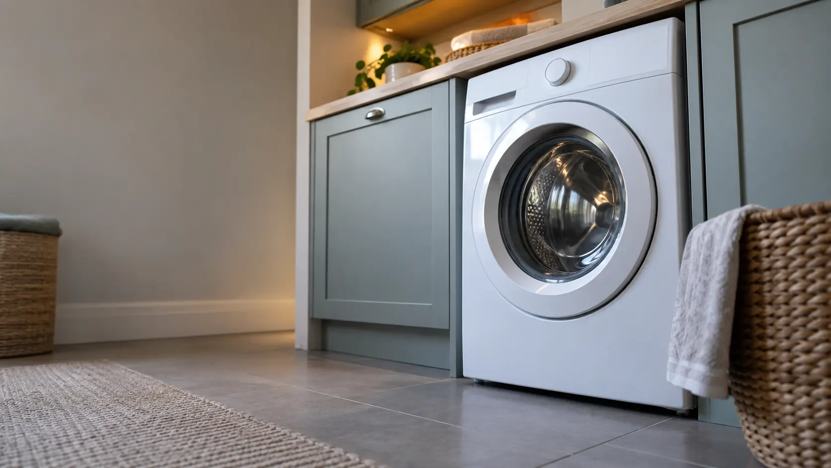 A laundry corner with a front-load washer in a suburban split-level laundry room, seen from a low angle, the washer door catching the light.
