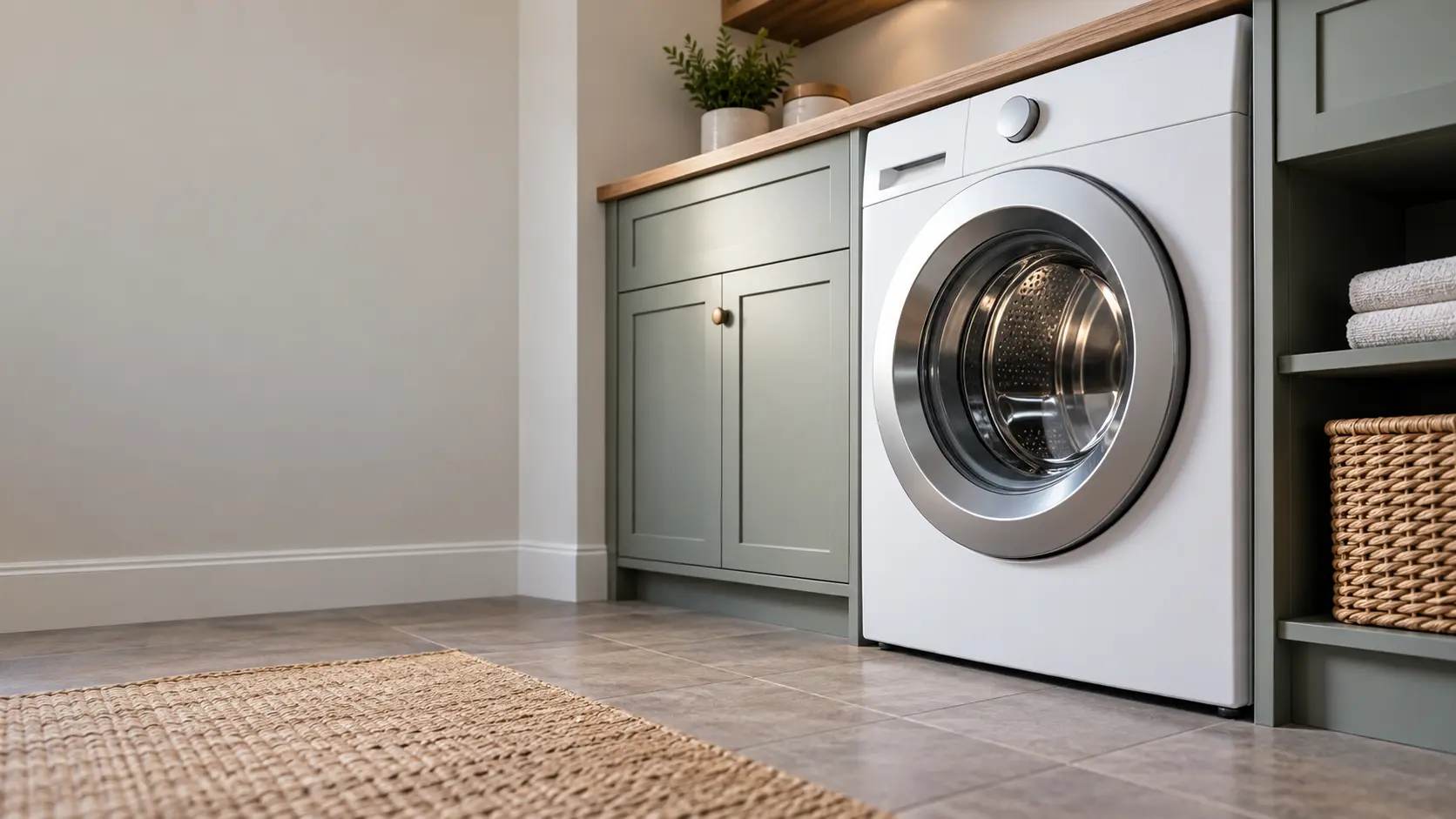 A laundry corner with a front-load washer in a farmhouse mudroom laundry, seen from a low angle, the washer door catching the light.