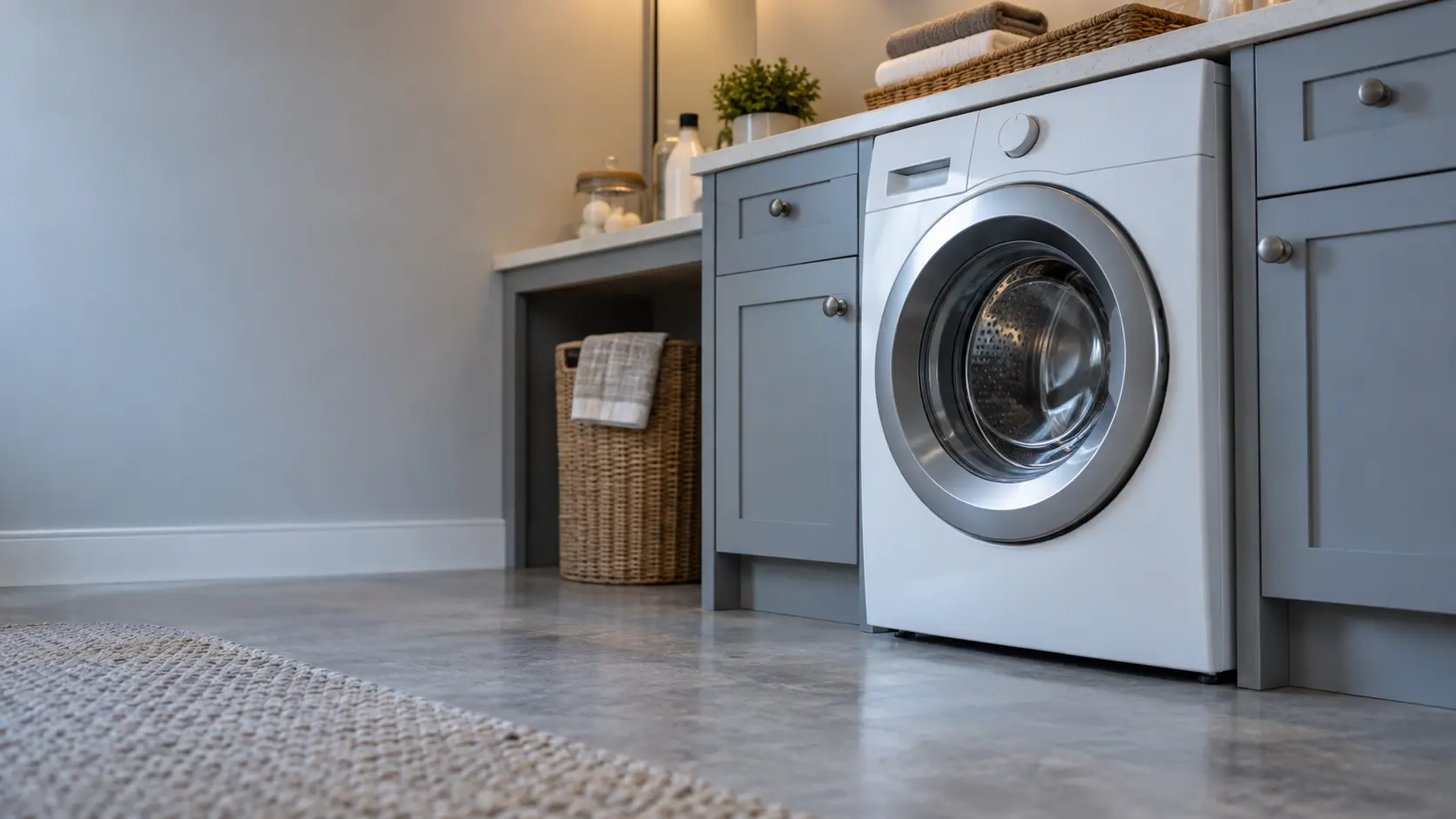 A laundry corner with a front-load washer in a lakefront house basement laundry, seen from a low angle, the washer door catching the light.