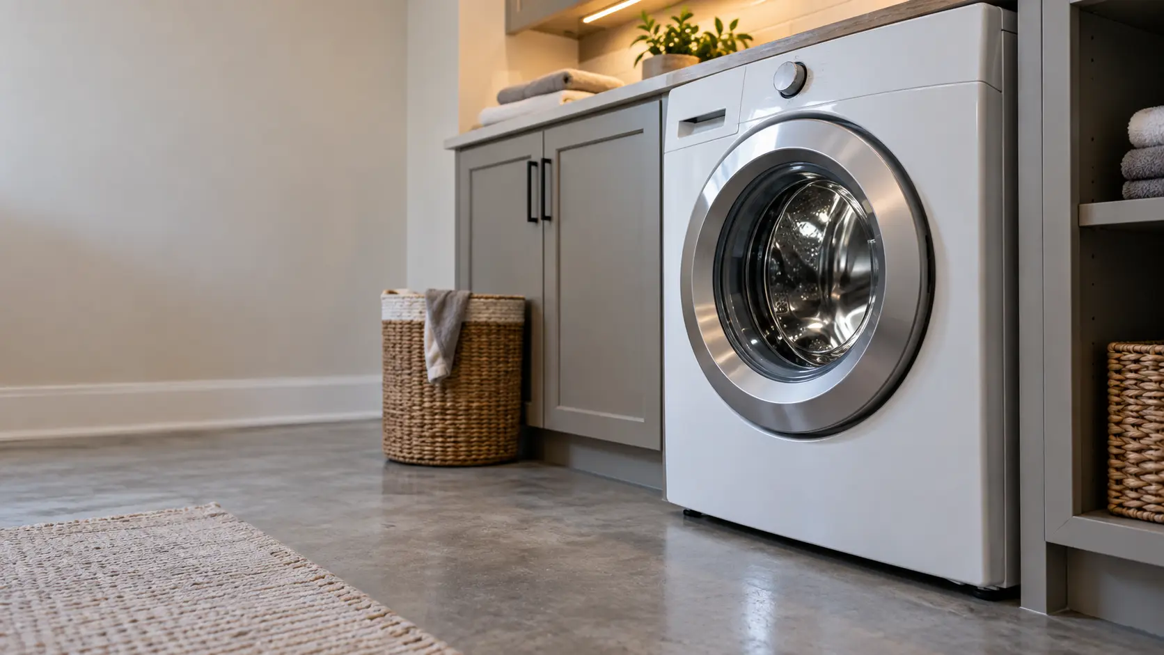 A laundry corner with a front-load washer in a newer subdivision house basement laundry, seen from a low angle, the washer door catching the light.