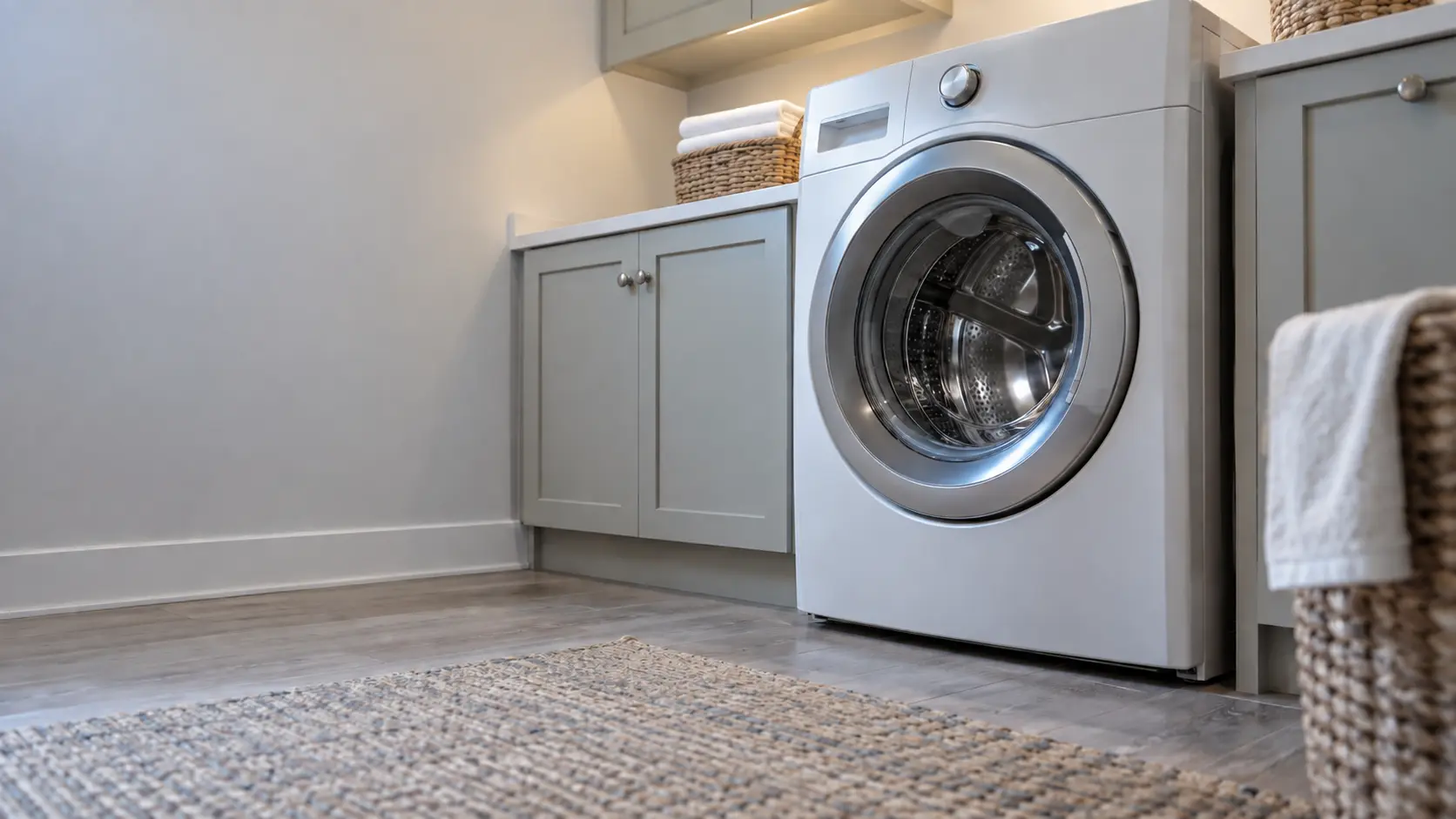 A laundry corner with a front-load washer in a raised coastal house laundry room, seen from a low angle, the washer door catching the light.