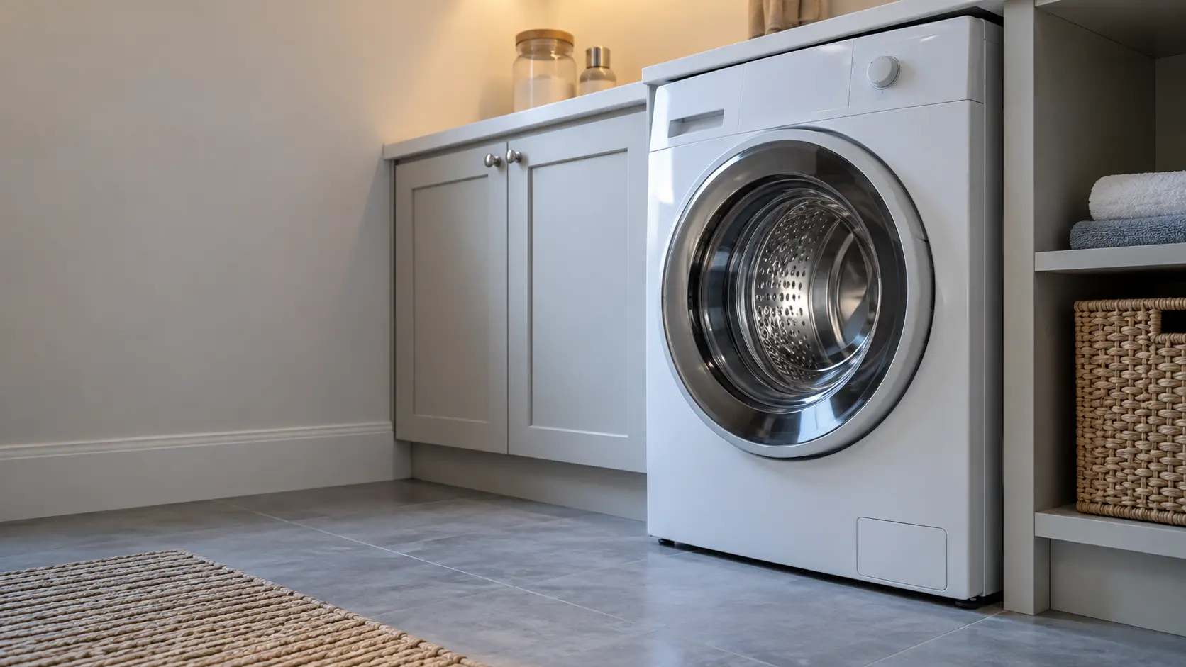 A laundry corner with a front-load washer in a master-planned community house laundry room, seen from a low angle, the washer door catching the light.