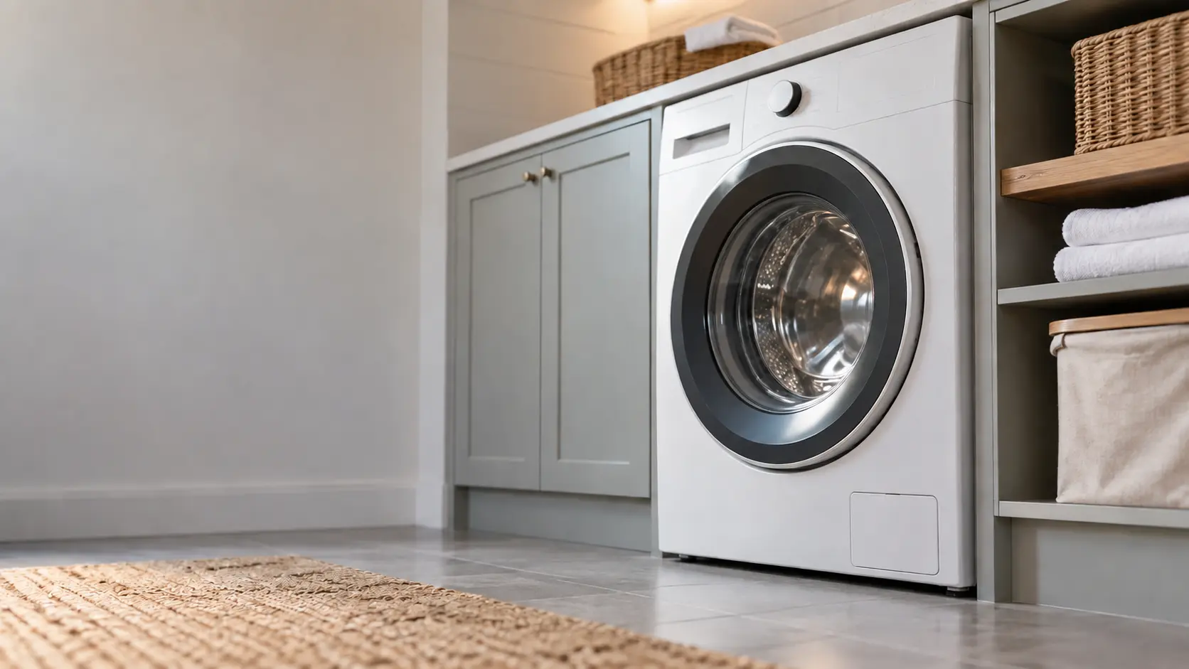A laundry corner with a front-load washer in an island house laundry room on the upper floor, seen from a low angle, the washer door catching the light.