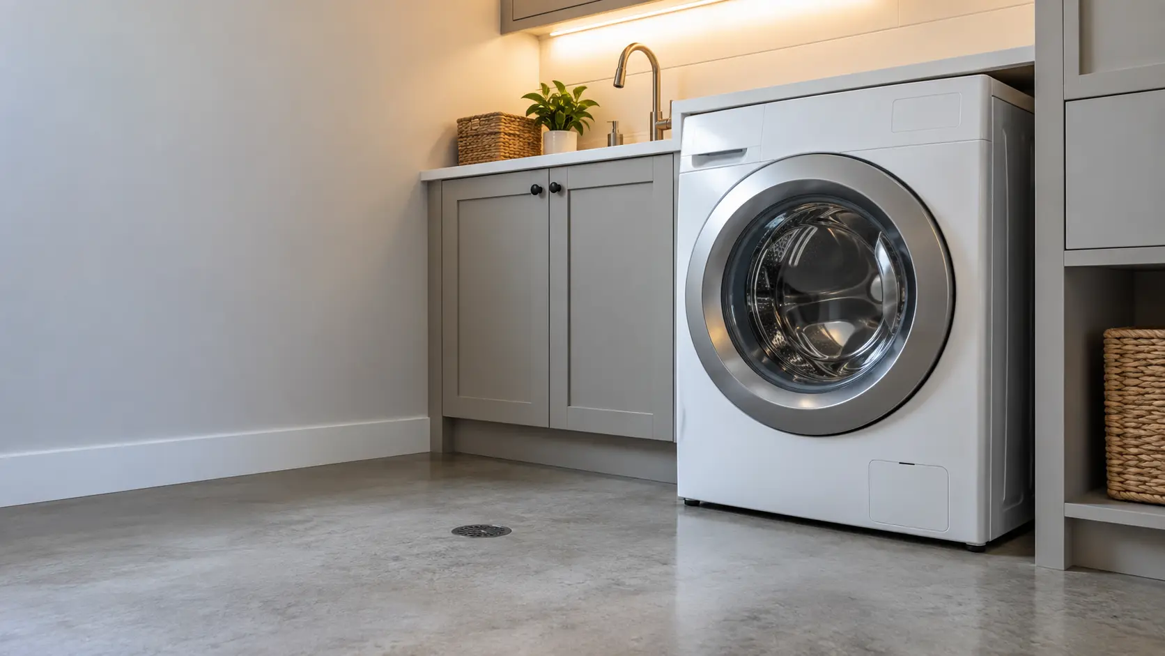 A laundry corner with a front-load washer in a slab-built house utility room with a floor drain, seen from a low angle, the washer door catching the light.
