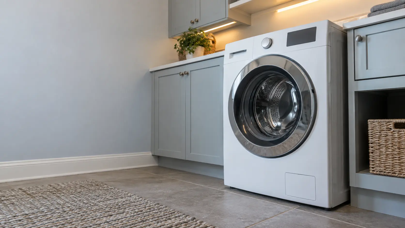 A laundry corner with a front-load washer in a wooded-lot house laundry room upstairs, seen from a low angle, the washer door catching the light.