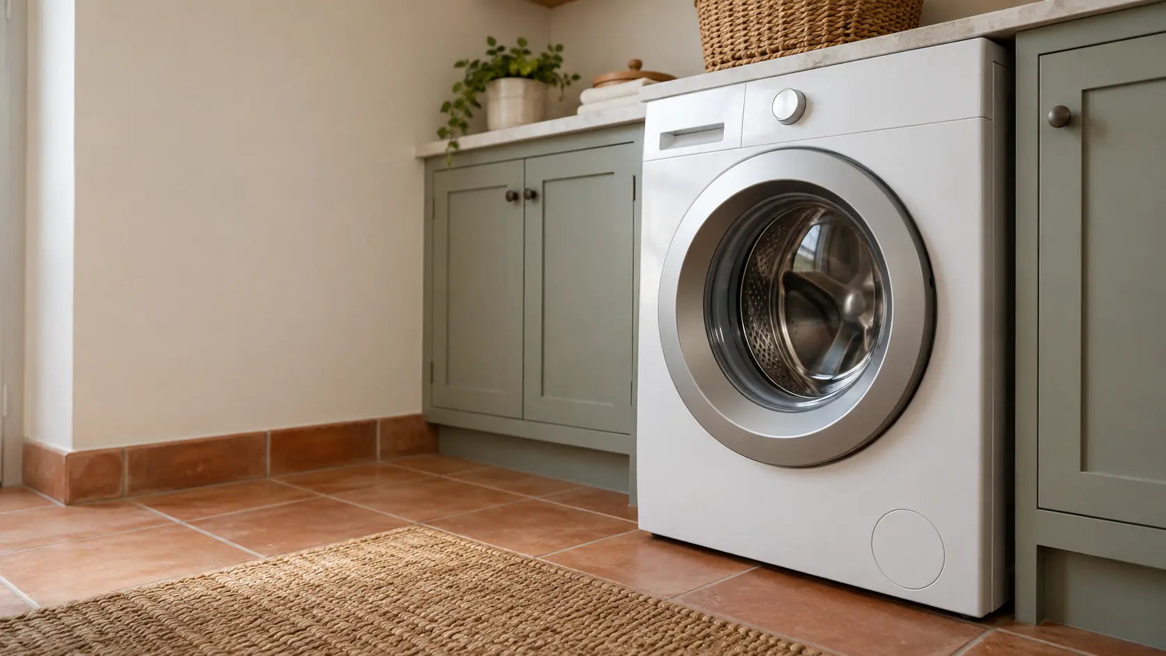 A laundry corner with a front-load washer in a Spanish-style house laundry room with terracotta tile, seen from a low angle, the washer door catching the light.
