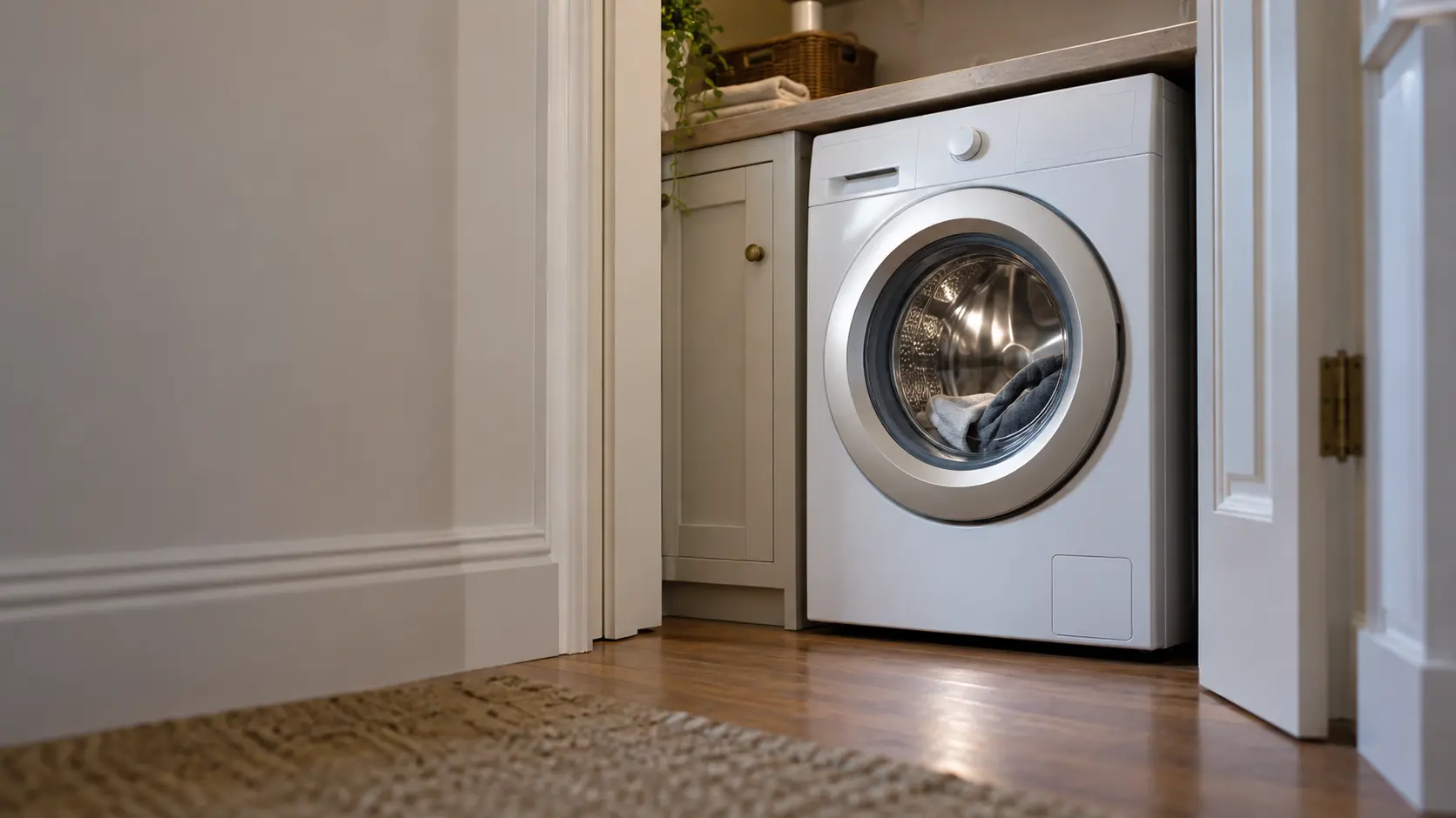 A laundry corner with a front-load washer in a prewar co-op apartment with a small washer in a hall closet, seen from a low angle, the washer door catching the light.