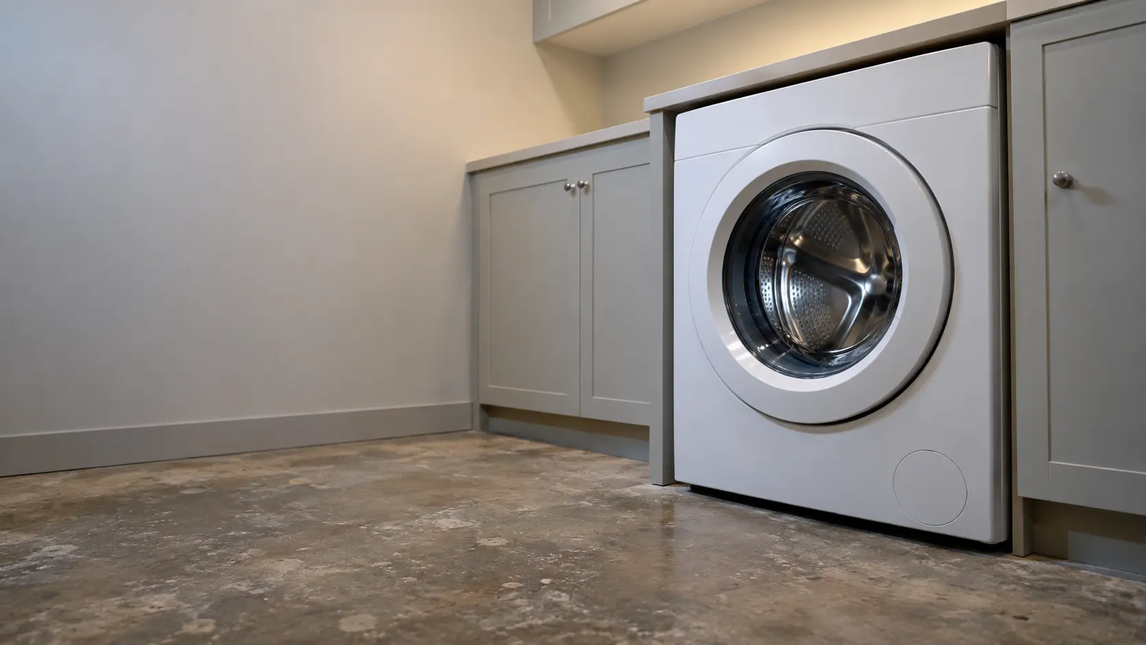 A laundry corner with a front-load washer in a brownstone basement laundry with an old concrete floor, seen from a low angle, the washer door catching the light.