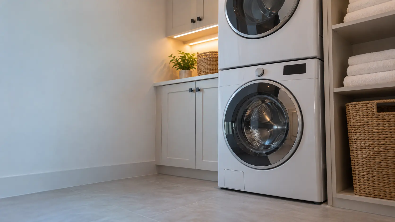 A laundry corner with a front-load washer in a doorman-building apartment with a compact stacked pair, seen from a low angle, the washer door catching the light.