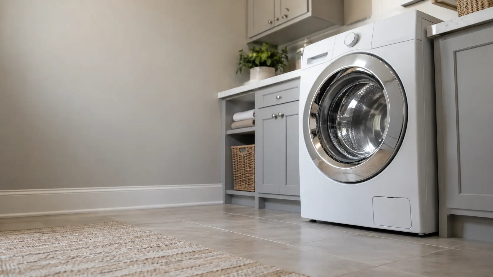 A laundry corner with a front-load washer in a Long Island colonial house laundry room upstairs, seen from a low angle, the washer door catching the light.