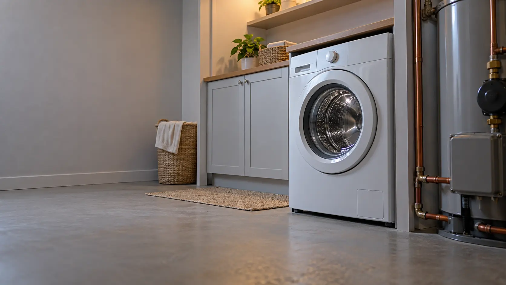 A laundry corner with a front-load washer in a semi-attached house basement laundry beside the boiler, seen from a low angle, the washer door catching the light.