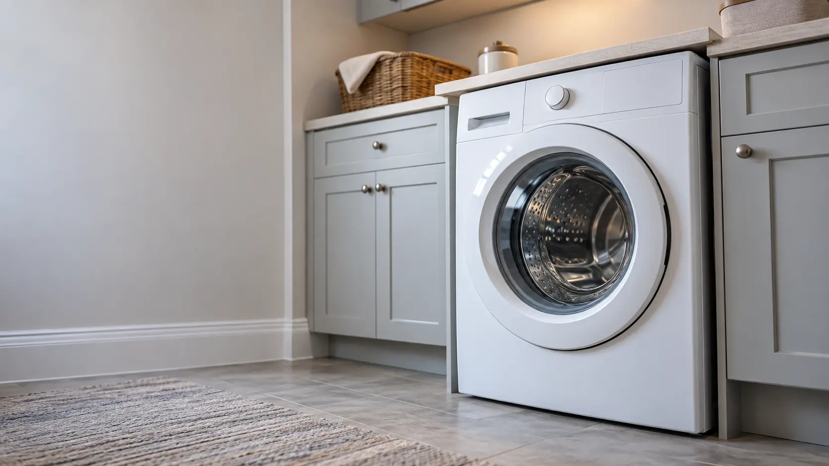 A laundry corner with a front-load washer in a detached house laundry room off the kitchen, seen from a low angle, the washer door catching the light.
