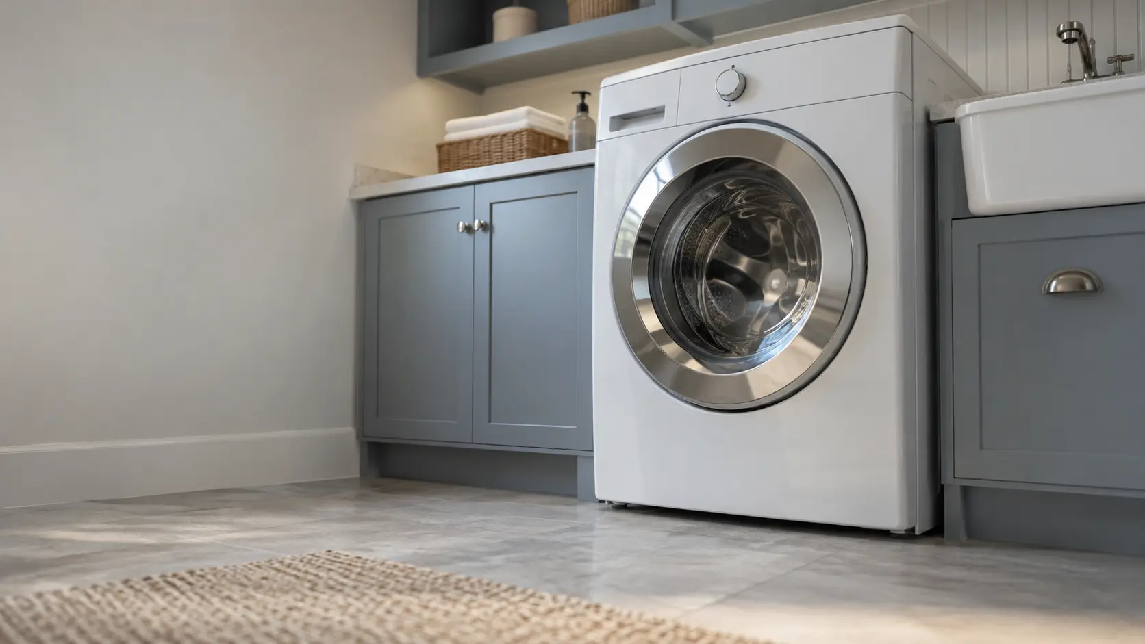 A laundry corner with a front-load washer in a shingled Long Island house laundry room with a utility sink, seen from a low angle, the washer door catching the light.