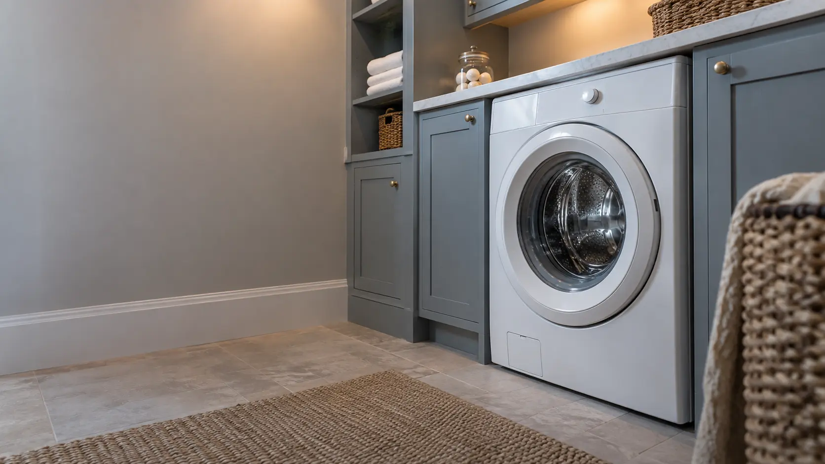 A laundry corner with a front-load washer in a suburban Tudor house basement laundry, seen from a low angle, the washer door catching the light.