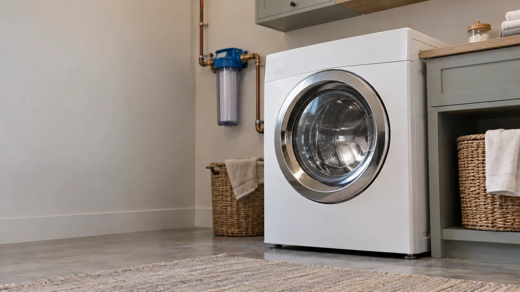 A laundry corner with a front-load washer in a rural ranch house laundry room with a well-water filter on the wall, seen from a low angle, the washer door catching the light.