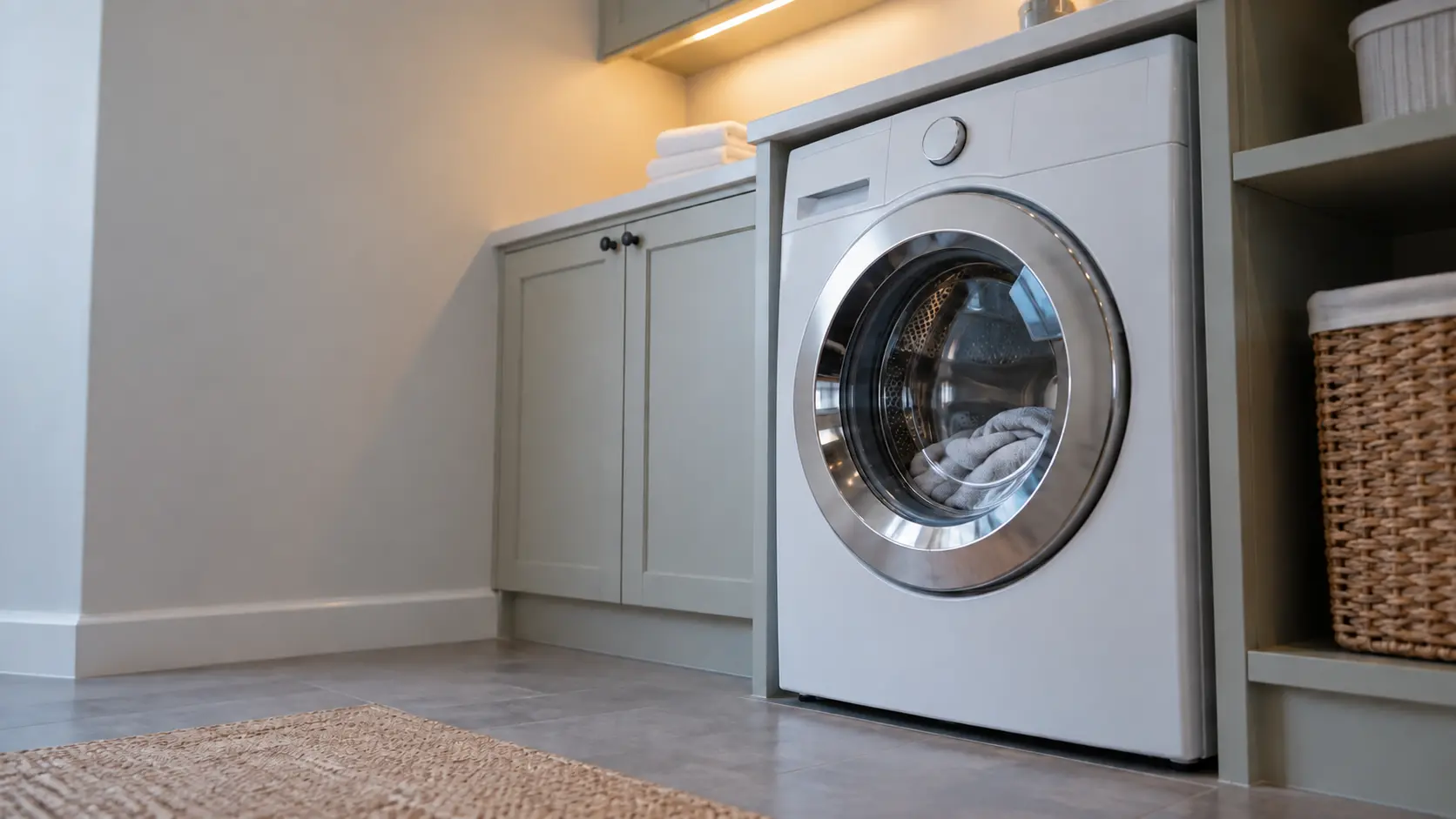 A laundry corner with a front-load washer in a townhouse laundry closet on the second floor, seen from a low angle, the washer door catching the light.