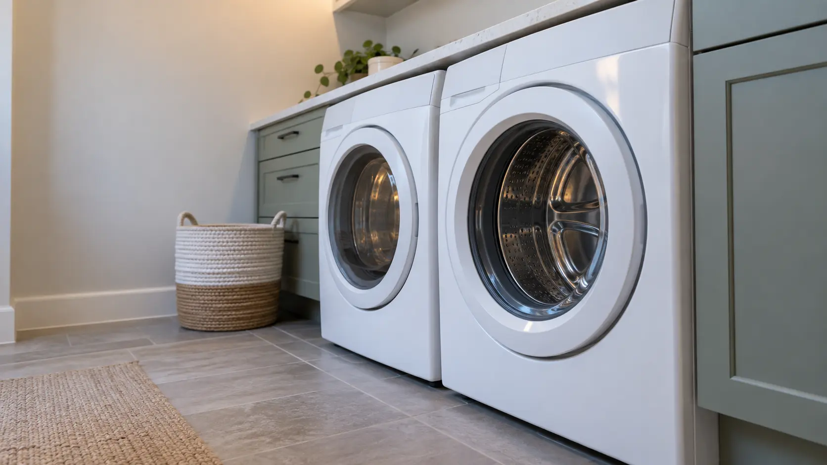 A laundry corner with a front-load washer in a vacation-rental house laundry room with two machines side by side, seen from a low angle, the washer door catching the light.