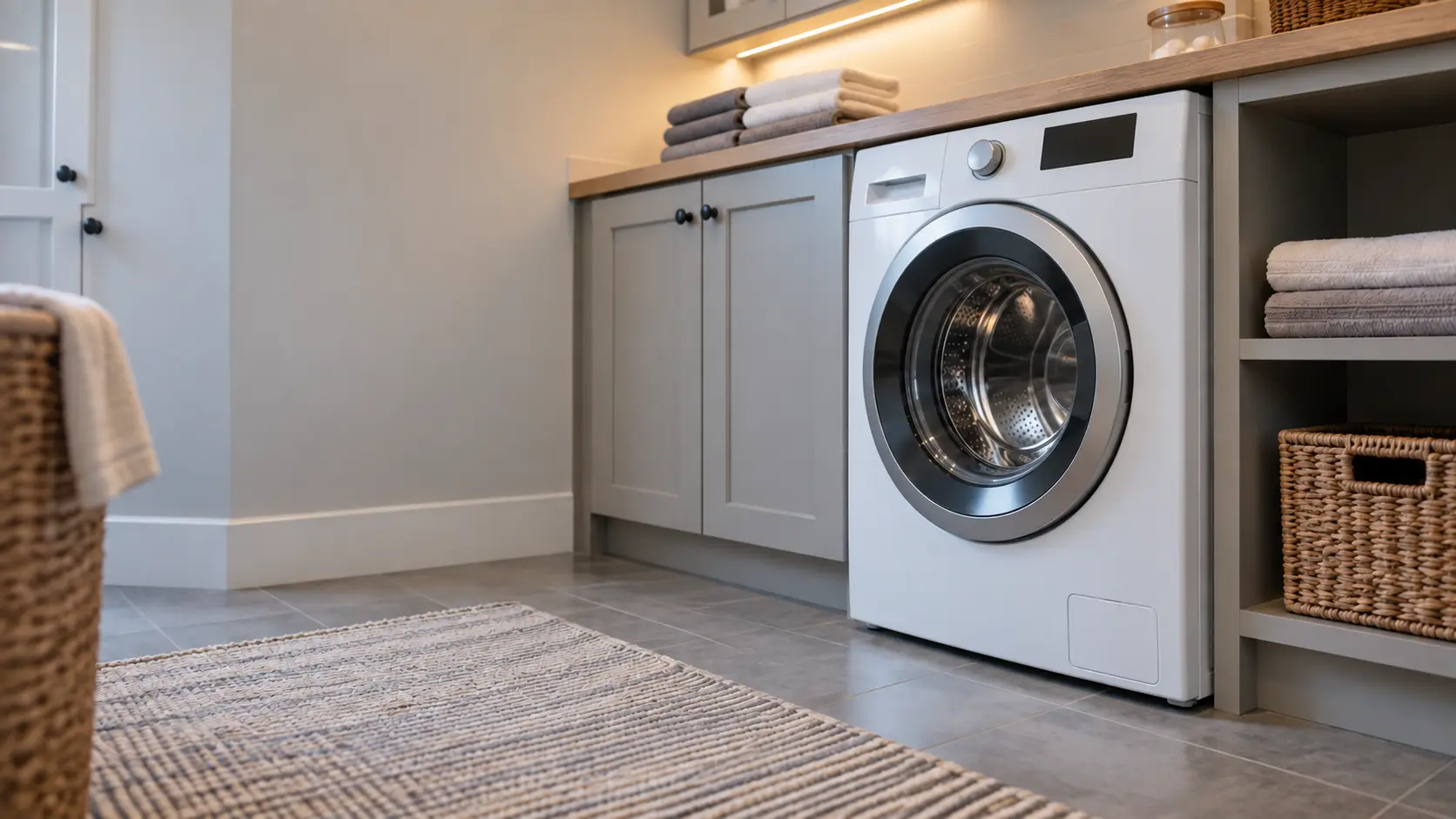 A laundry corner with a front-load washer in a lakeside family house laundry room with a folding counter, seen from a low angle, the washer door catching the light.