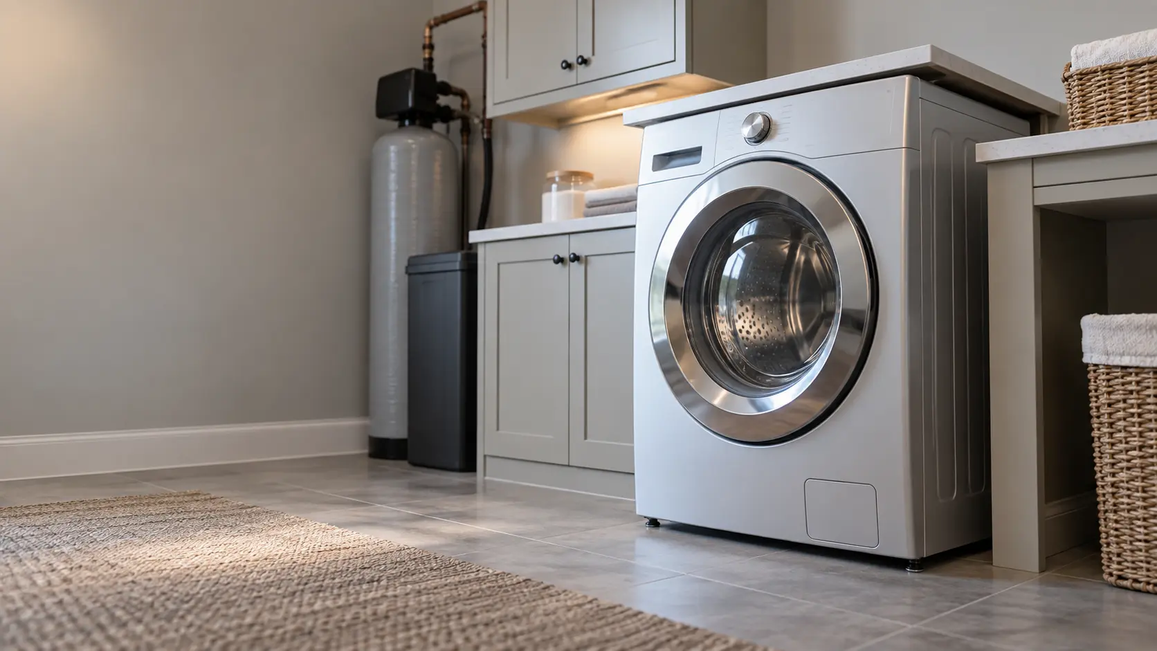 A laundry corner with a front-load washer in a hillside ranch house laundry room with a water softener, seen from a low angle, the washer door catching the light.