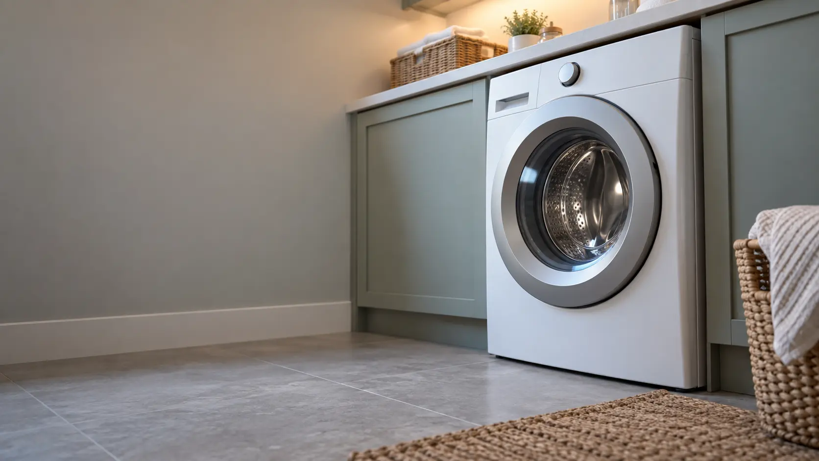 A laundry corner with a front-load washer in a canal-front house laundry room with tile floor, seen from a low angle, the washer door catching the light.