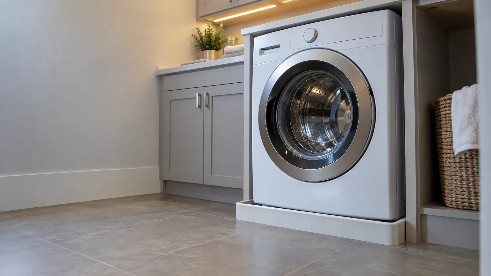 A laundry corner with a front-load washer in a waterfront condo laundry closet with a drain pan, seen from a low angle, the washer door catching the light.