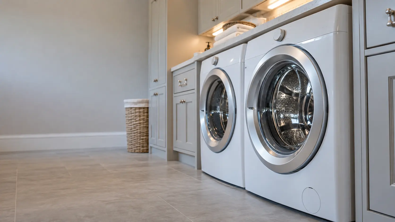 A laundry corner with a front-load washer in a large estate laundry room with two washers, seen from a low angle, the washer door catching the light.