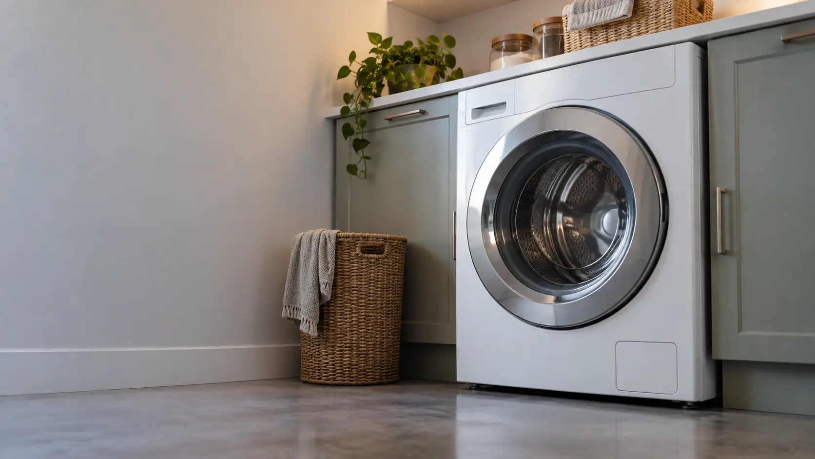 A laundry corner with a front-load washer in a block house with a garage laundry corner, seen from a low angle, the washer door catching the light.
