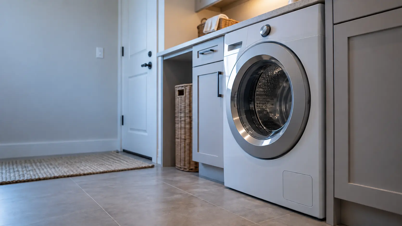 A laundry corner with a front-load washer in a newer subdivision house with a laundry room by the garage, seen from a low angle, the washer door catching the light.