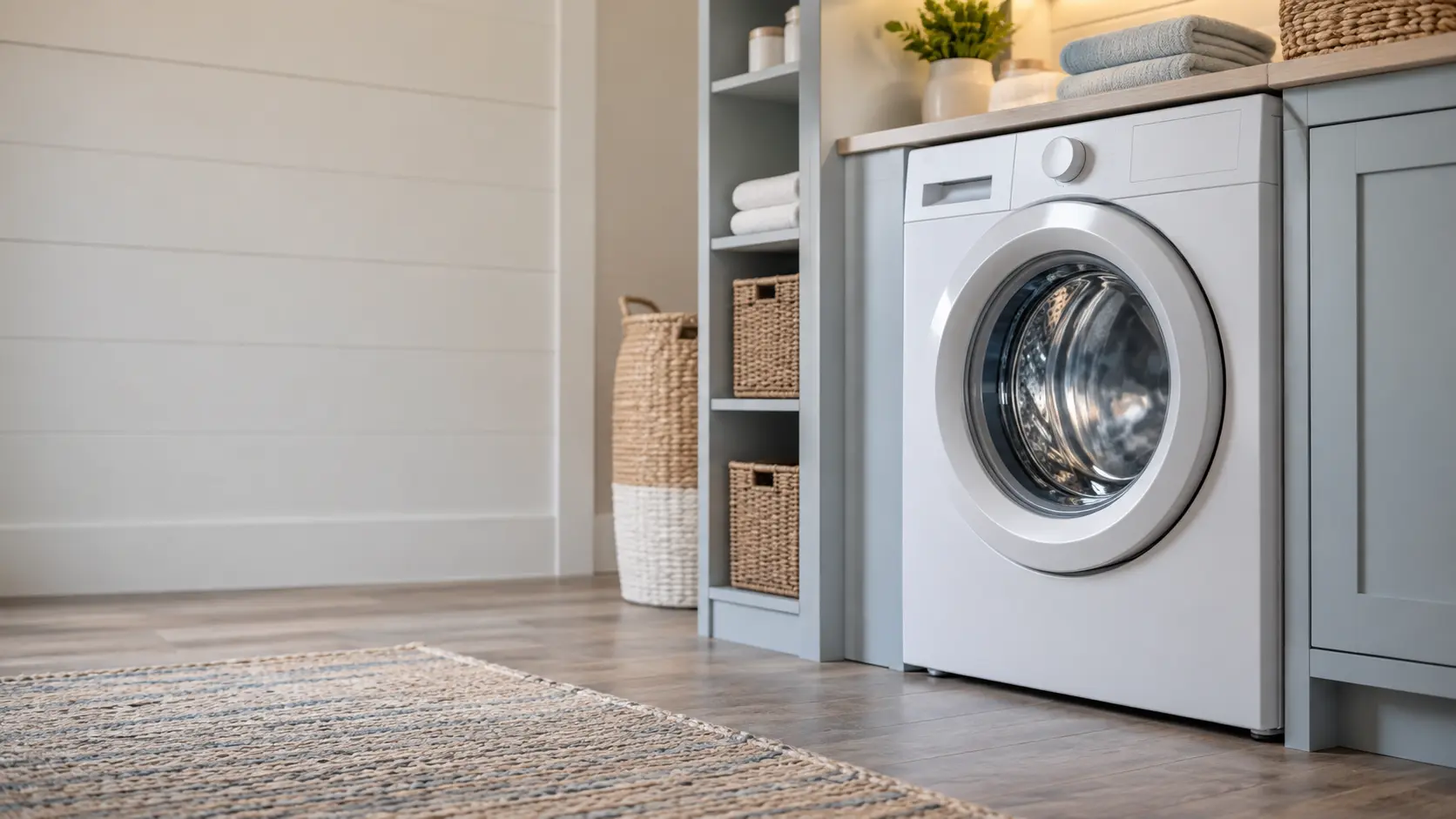 A laundry corner with a front-load washer in a beach-town cottage with a stacked laundry closet, seen from a low angle, the washer door catching the light.