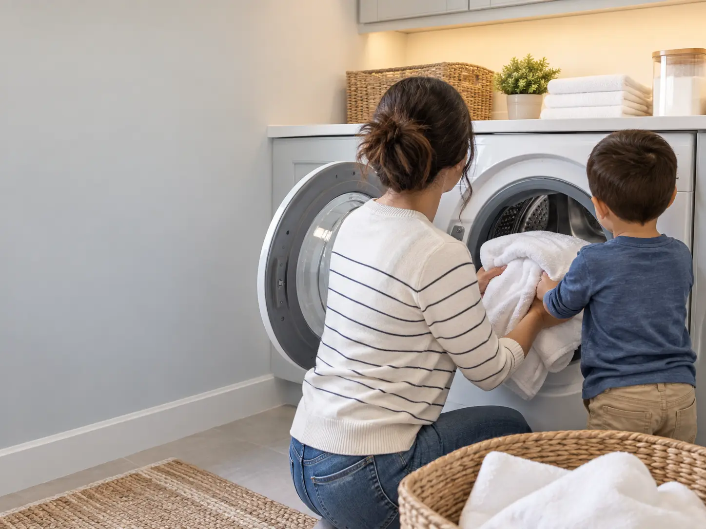 A parent and a child loading towels into an open front-load washer together in a bright laundry room