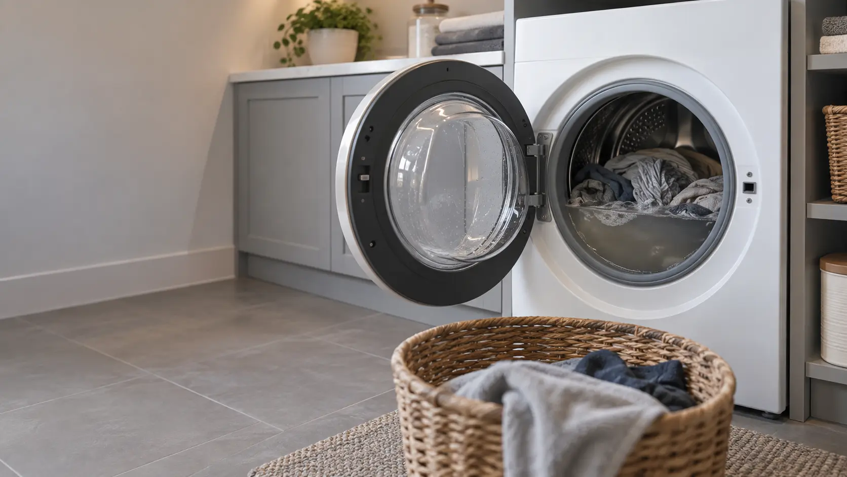 A front-load washer door open on a load still sitting in grey water, a laundry basket on the floor in front of it.