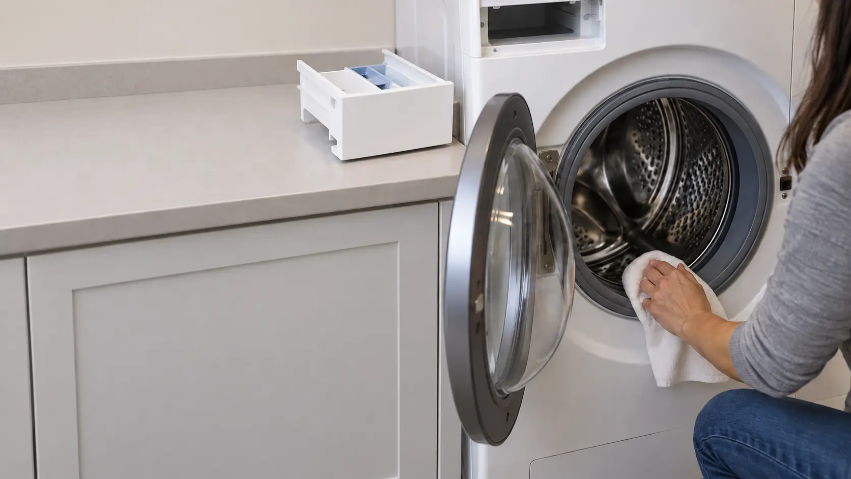 A washer door boot being wiped dry with a cloth, the dispenser drawer pulled out beside it.