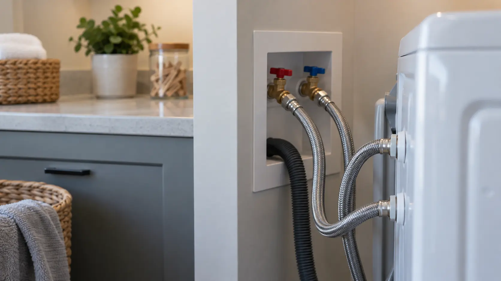 The hot and cold supply valves behind a washer with a pair of braided stainless fill hoses attached.