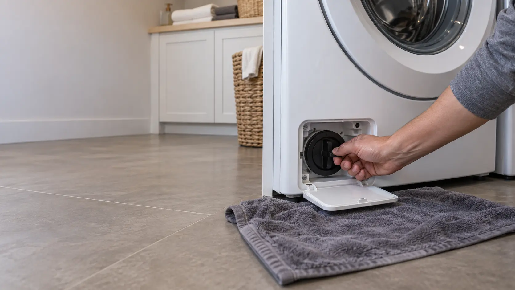 A hand unscrewing the drain-pump filter cap at the lower corner of a front-load washer, a towel spread below.