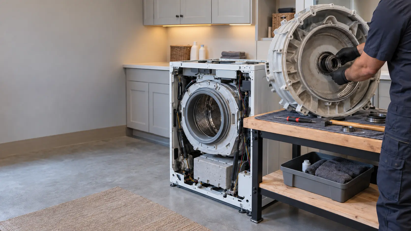 The outer tub of a front-load washer rests on a workbench in a US home garage beside the open washer cabinet.