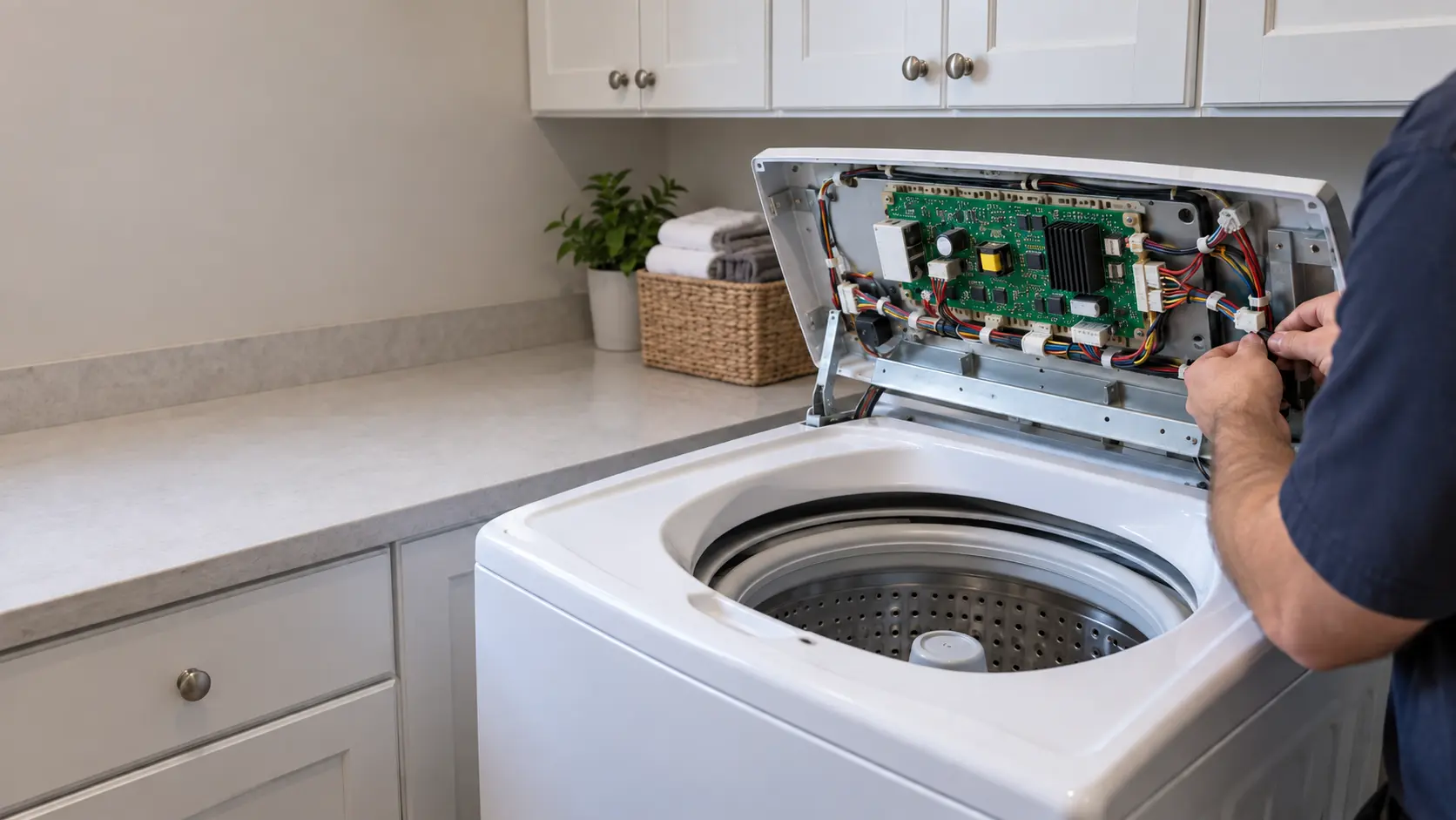 The control console of a washer is opened in a US home laundry room, showing a circuit board and its wiring connectors.