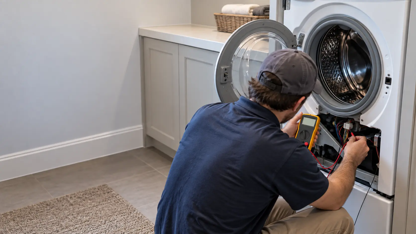 A technician crouches beside an open front-load washer in a US home laundry room, reading a multimeter held against a wiring harness.