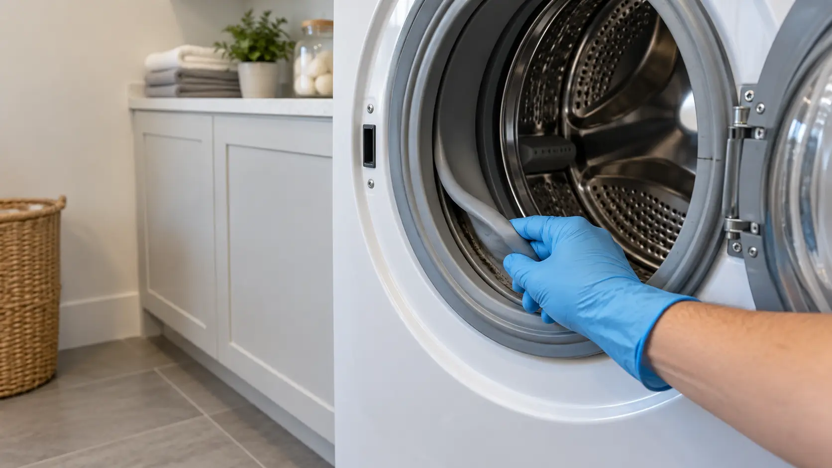 A hand in a rubber glove pulls back the gray rubber door boot of a front-load washer in a US home laundry room, revealing the fold inside.