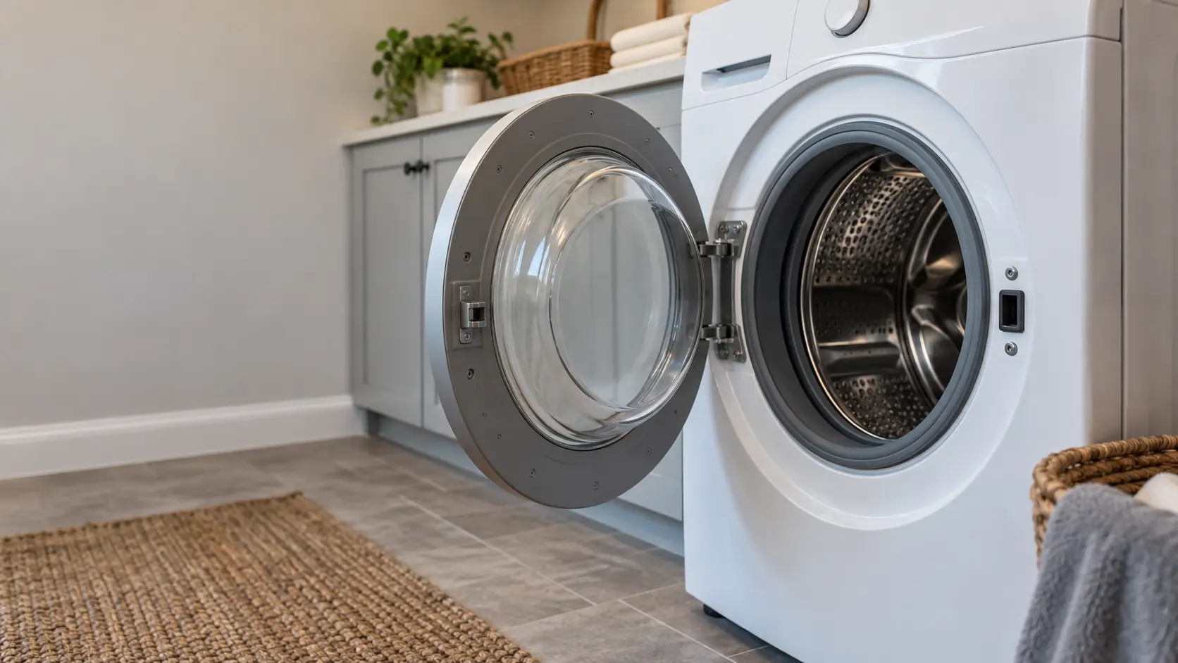 A front-load washer door stands open in a US home laundry room with the door lock and its latch visible at the edge of the opening.