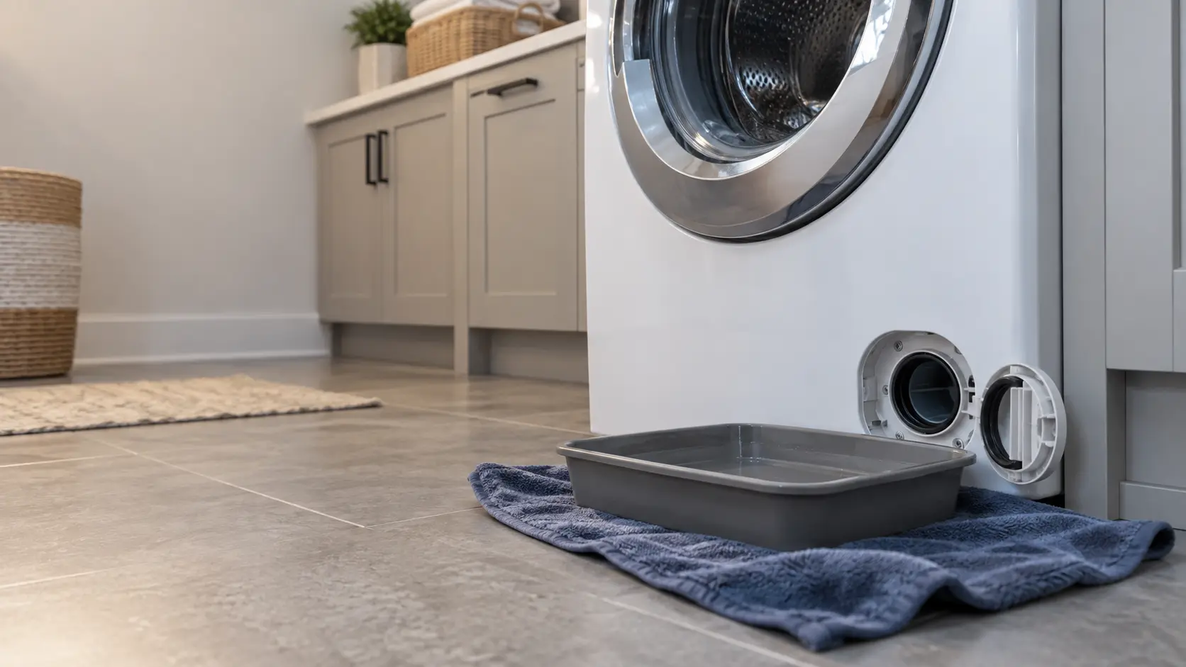 A shallow pan and a towel sit on the floor in front of a front-load washer in a US home laundry room while its round pump filter is unscrewed.