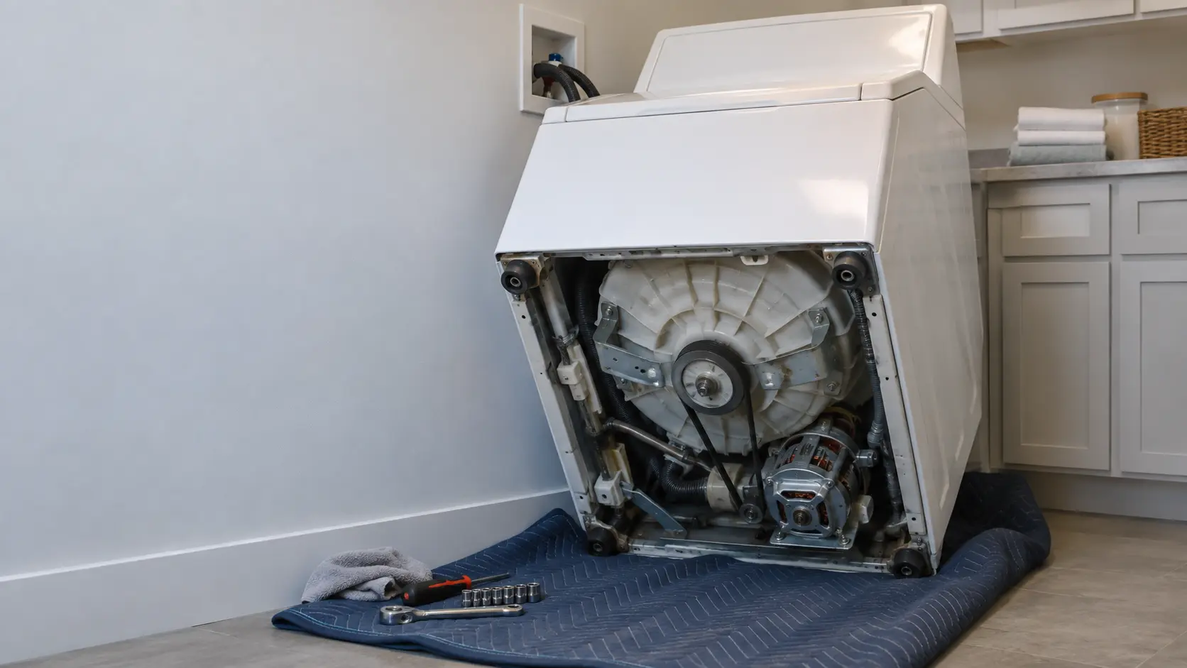 A top-load washer is tipped back against the wall on a moving blanket in a US home laundry room, showing its drive motor and belt from underneath.