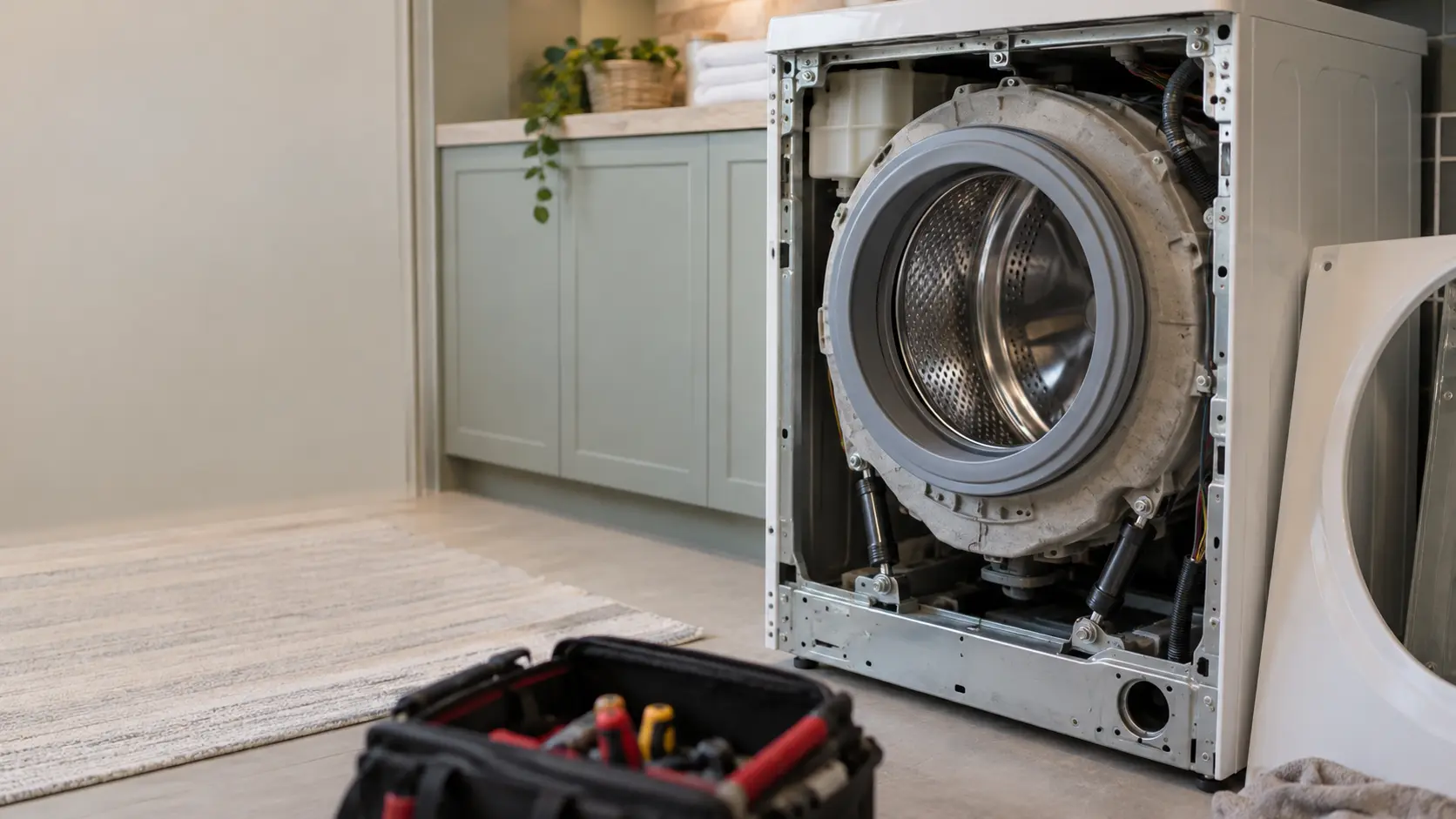 The front panel of a front-load washer is removed in a US home laundry room, exposing the tub and two shock absorbers mounted to the base.