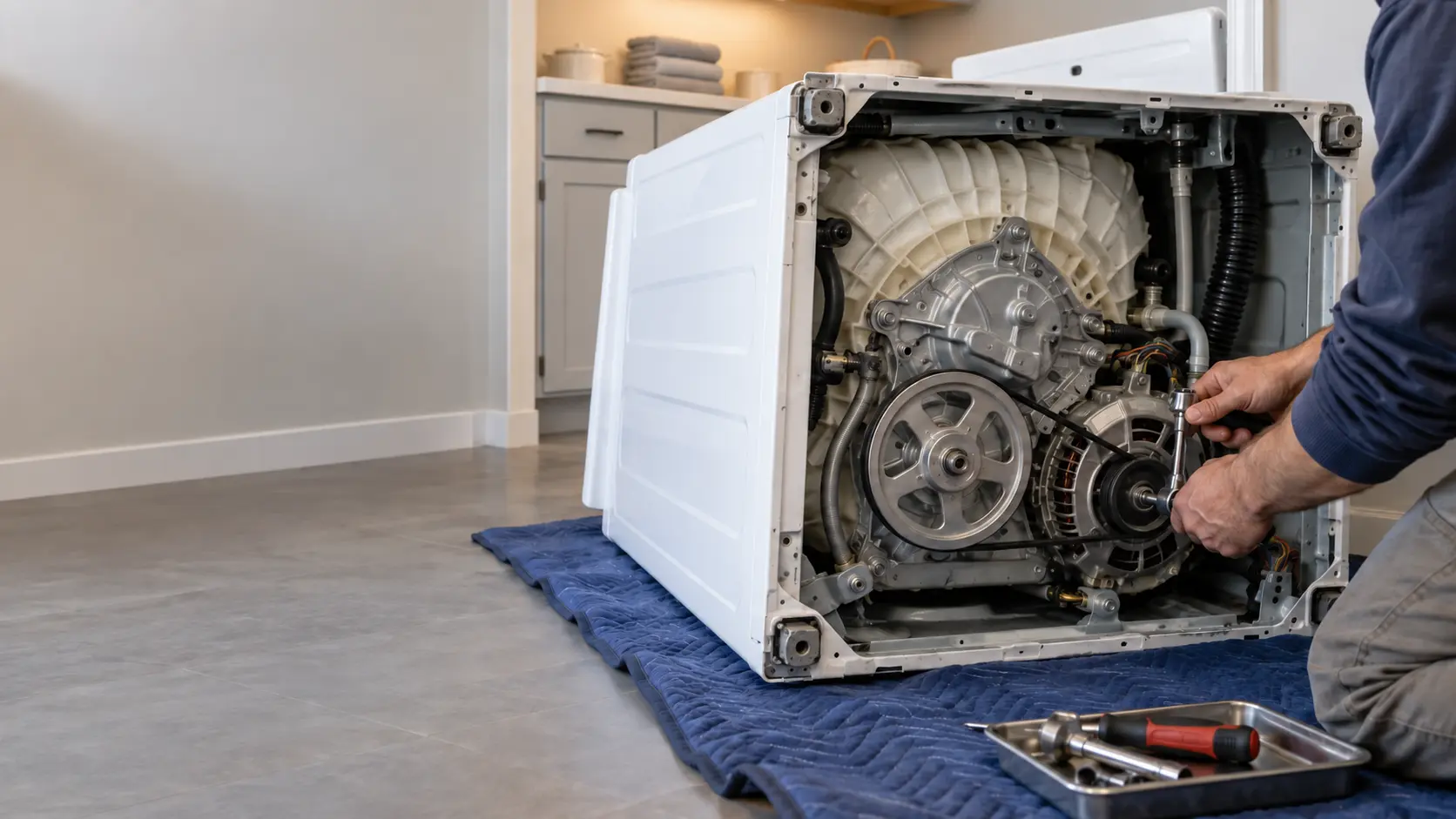 A top-load washer lies on its side on a padded tarp in a US home laundry room, with its transmission and drive assembly visible under the tub.